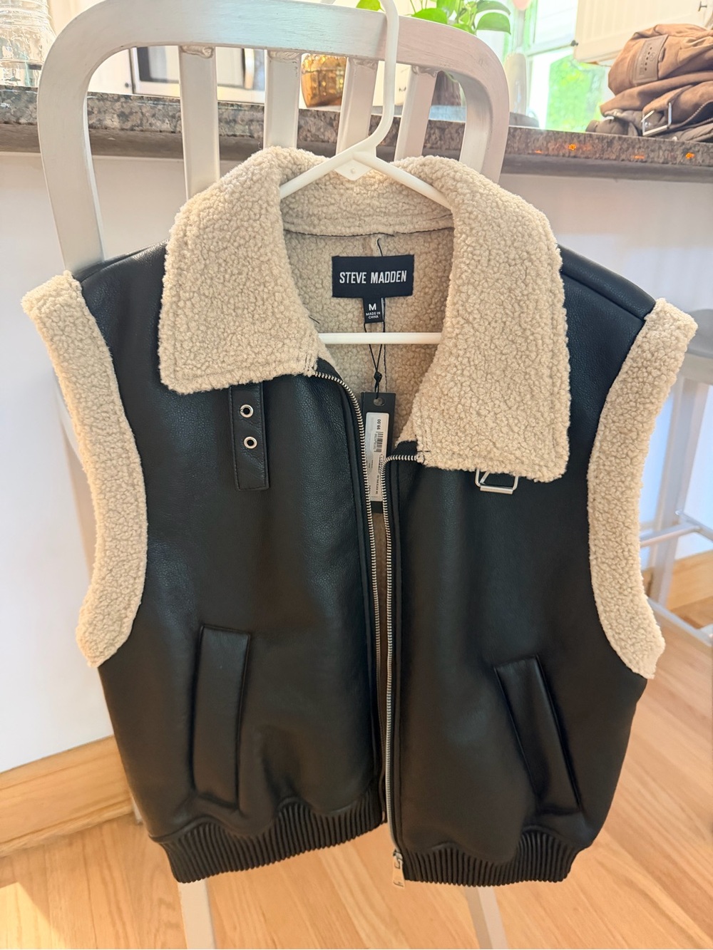 Steve Madden Black Faux Leather Shearling Vest